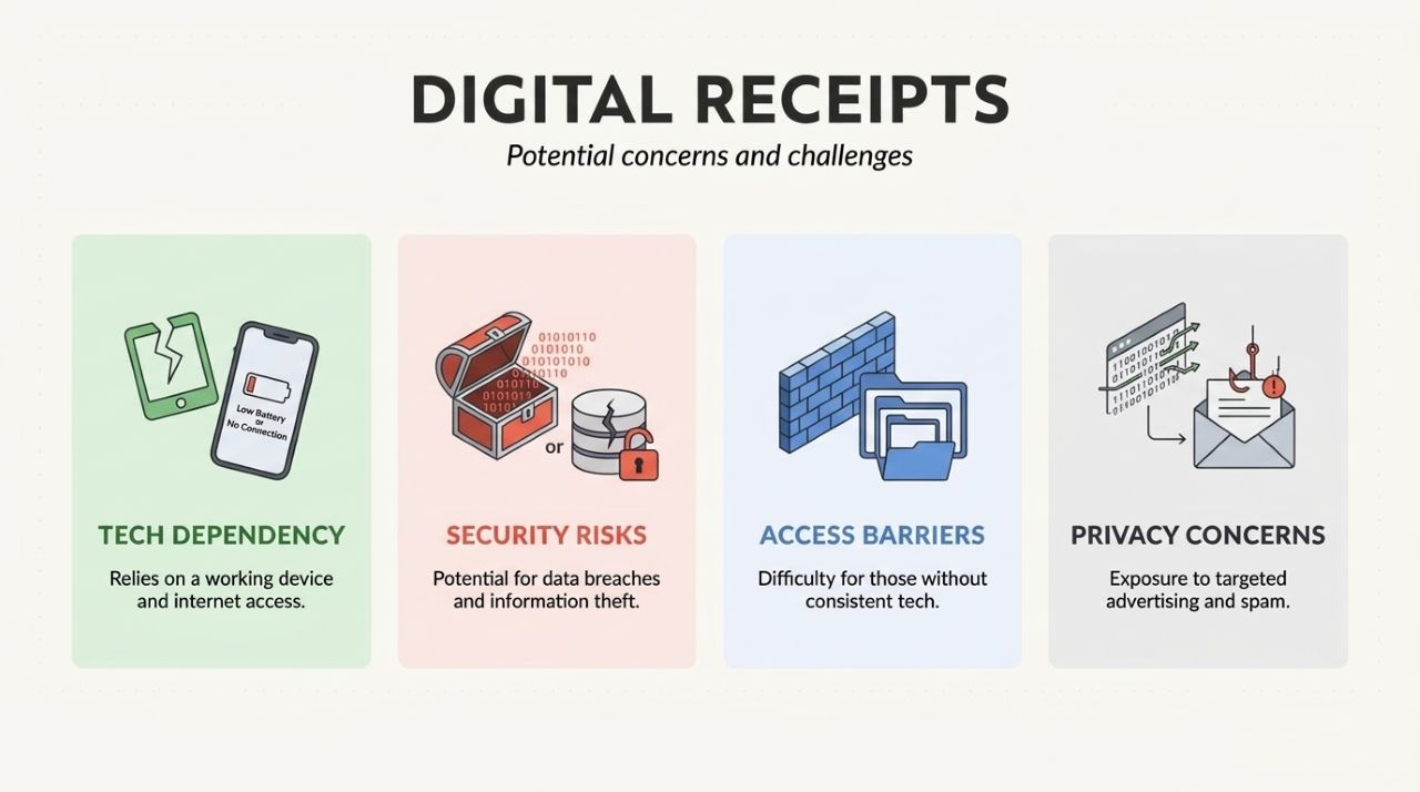 Disadvantages of digital receipts. such as, technology dependency, security risk, access barriers.