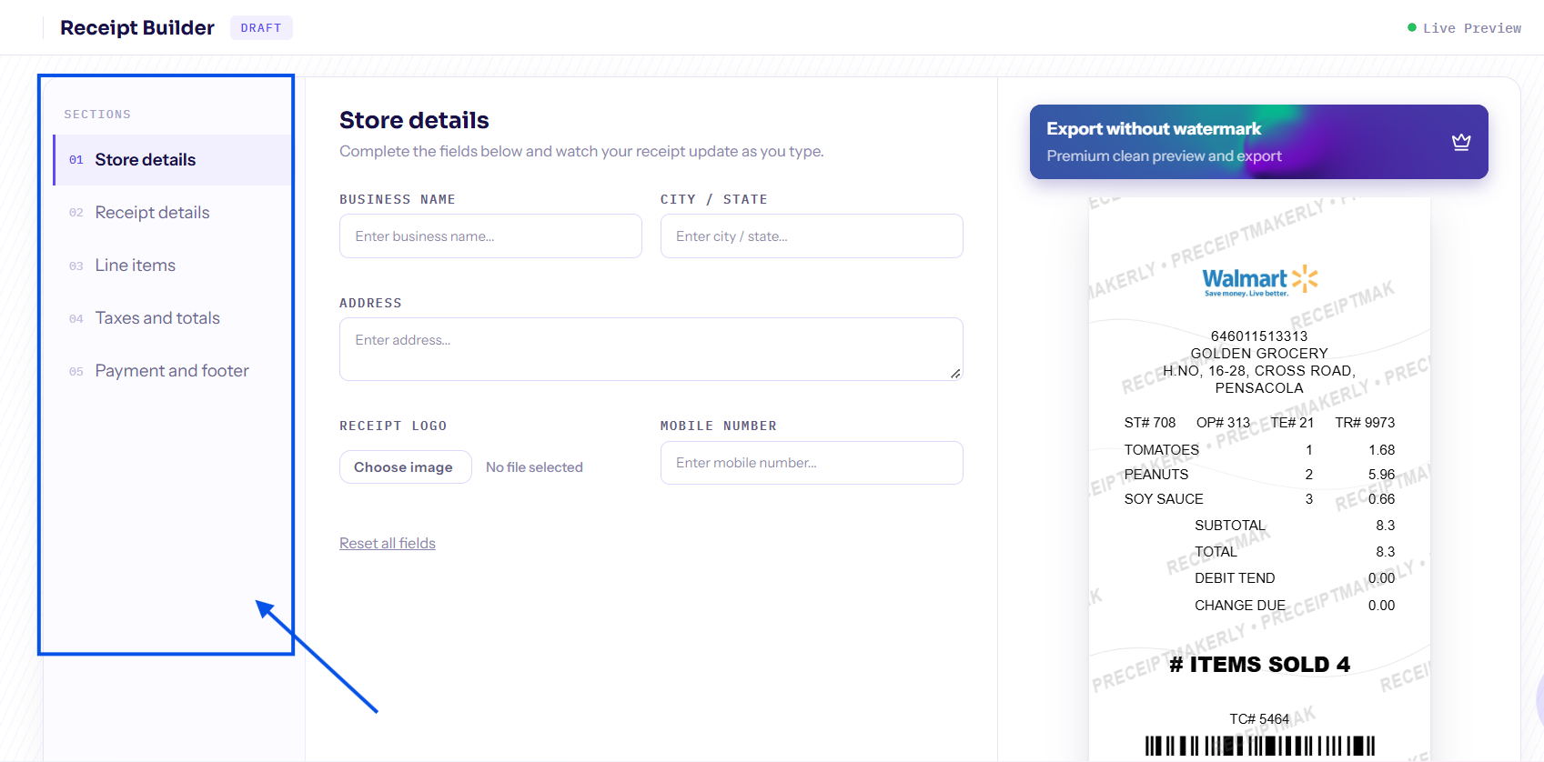 Get familiar with the live receipt builder