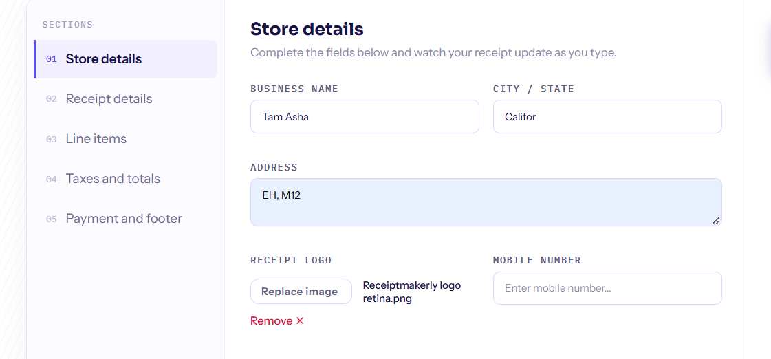 enter details to your receipt